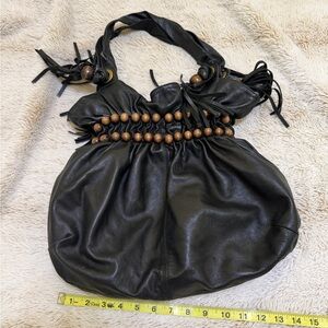 BCBG Black Leather Shoulder Bag with Wooden Beads
